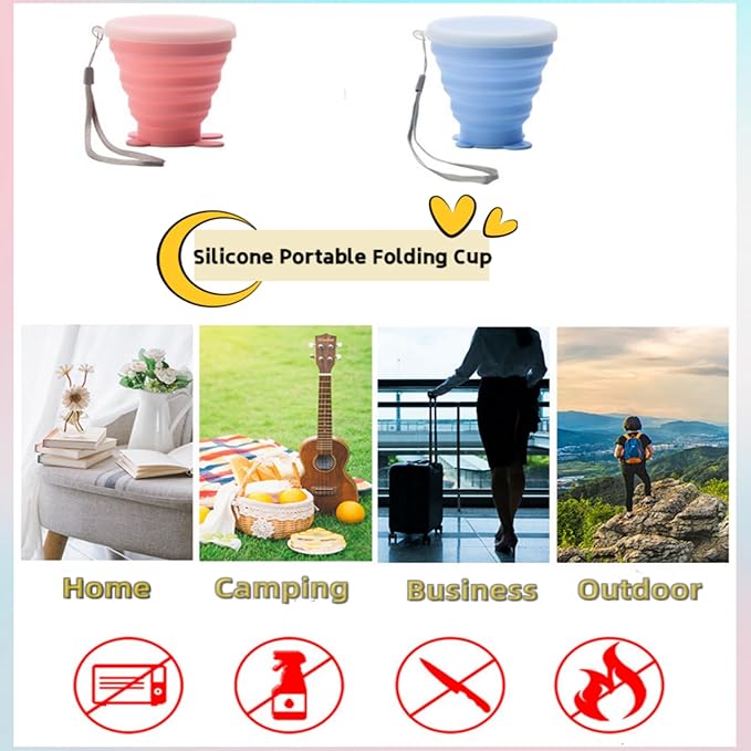 Reusable Foldable Silicone Water Cup, Portable Picnic Snacks Cup, Pocket Size Travel Cup Extensible, Collapsible Cups with Lid for Camping, Travel (Pink with Rope)