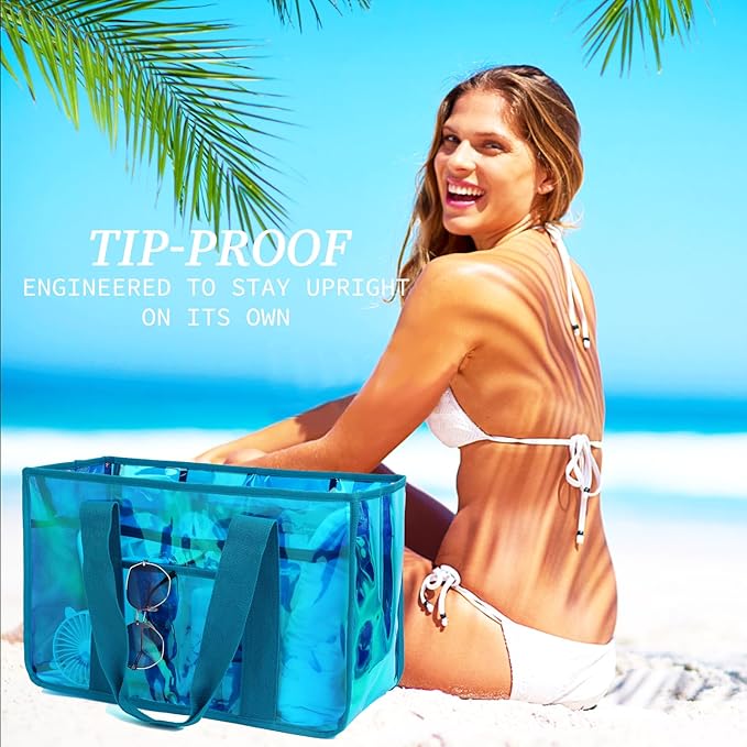 Iridescent Clear Beach Bag for Women, Large Pool Tote Cruise Vacation Essentials - Waterproof, Zipper Closure
