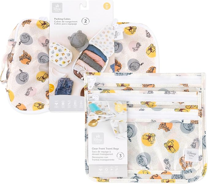 Bumkins Disney Packing Cubes and TSA Approved Pouches for Travel Bag, Organize Luggage with Compression Bags, Essential Traveling Accessories to Pack Clothes, Toiletries, Carryon, 5-pc Winnie the Pooh