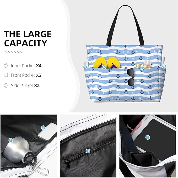 Large Beach Bag for Women Waterproof Foldable Travel Shoulder Tote Bag with Pocket for Weekender Pool Vacation