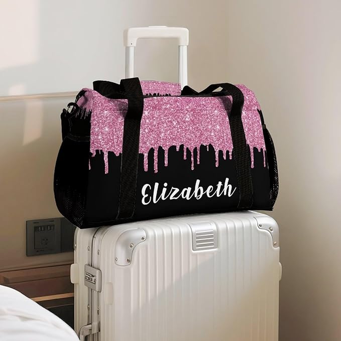 Pink Black Sparkle Glitter Print Waterproof Duffel Bag Gym Dance Sport Perform Training Bag for Teens Adults Women Men Handheld Crossbody Travel Bag