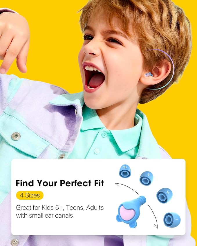 Kids Noise Reduction Ear Plugs(6+yrs) – Reusable Child Ear Protection for Sensitive Ears, Comfortable Earplugs for School, Travel, Focus, Concert, Sleep & Loud Events, 4 Sizes Ear Tips in XS-L,1Pair