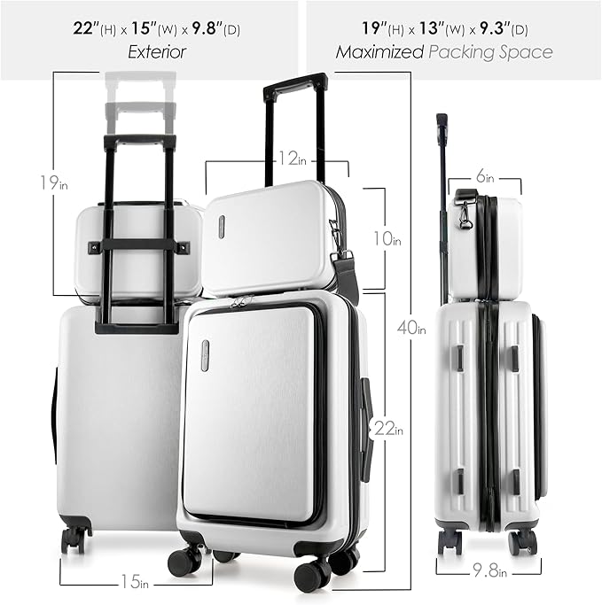 22 Inch Carry On Luggage 22x14x9 Airline Approved, Small Carry On Suitcase, Hard-shell Carry-on Luggage with Wheels, Durable Expandable White Luggage Carry-On with Cosmetic Case