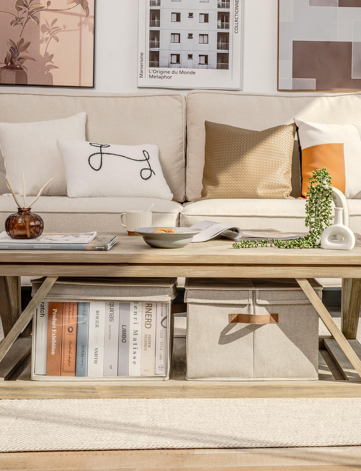 StorageWorks Storage Bins with Lid and Clear Window, Fabric Storage Boxes with Lids, Stackable Basket for Shelves, Closet Organizer and Storage Bins, Brown and Beige, Jumbo, 4-Pack