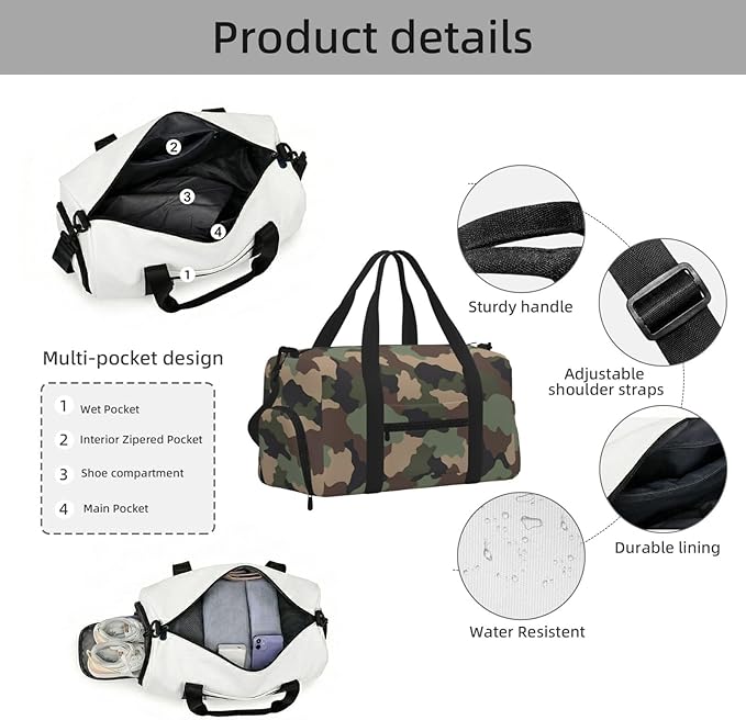 Camouflage Woodland Camo Khaki Tan Black Women'S Gym Duffle Bag With Shoes Compartment, Ideal For Travel, Gym, Sports, Duffel, Weekender