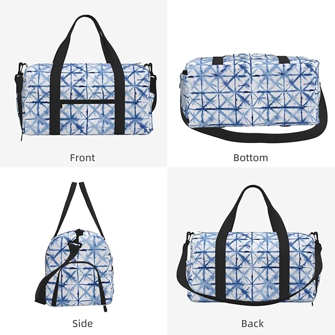 Tie Dye Indigo Blue Watercolor Women'S Gym Duffle Bag With Shoes Compartment, Ideal For Travel, Gym, Sports, Duffel, Weekender