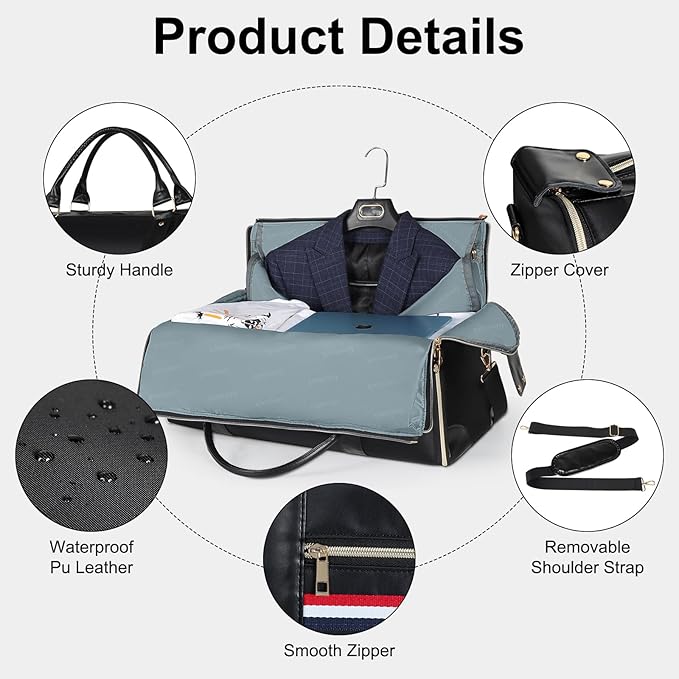 Geestock Garment Bags for Travel, Convertible Garment Bag Carry On with Shoe Pouch & Luggage Sleeve, Large Travel Duffel Bags Oxford 2 in 1 Hanging Suitcase Suit Travel Bag for Men, Black