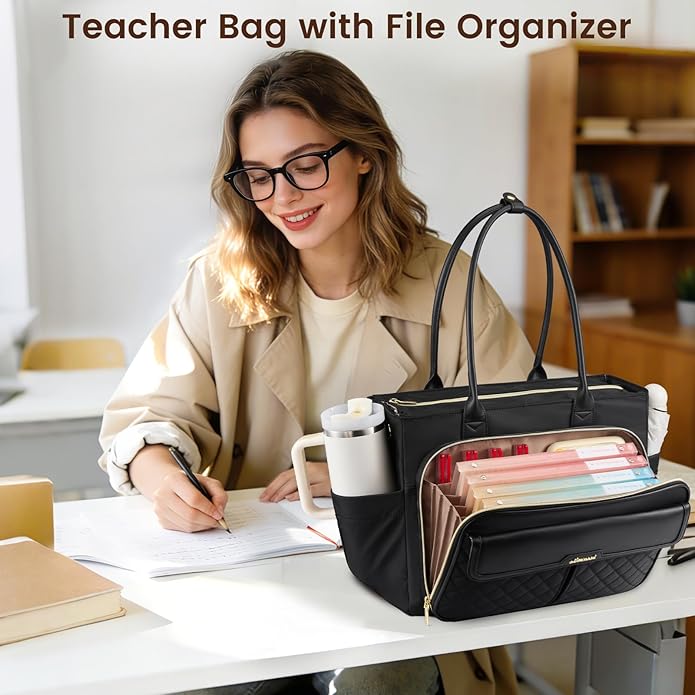 LOVEVOOK Teacher Tote Bag for Women, Laptop Bag Briefcase with Accordion File Pocket, Nurse Handbag for Work, Travel, College | Large Cup Holder, Laptop Compartment, Trolley Sleeve