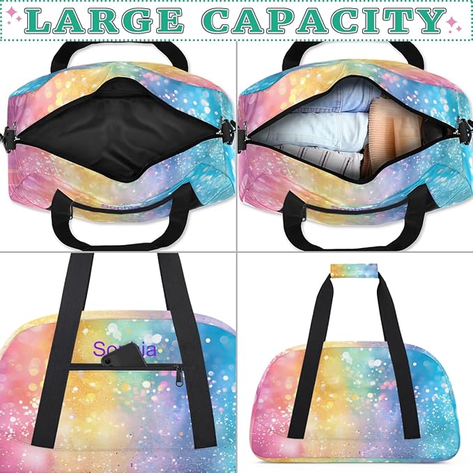 Custom Name Blue Pink Yellow Glitter Girl Gym Travel Duffle Bag with Front Zipper Pocket Personalized Sports Bag for Overnight, Weekender, Carry On,Workout & Dance, 18.9 * 8.7 * 10.6 in
