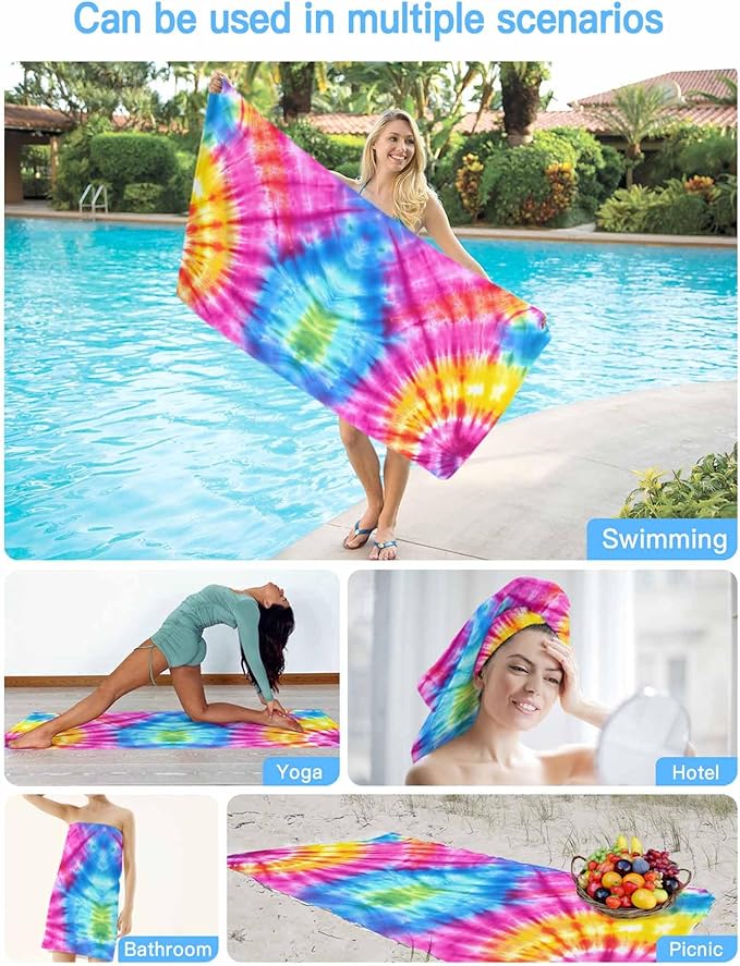 Abstract Tie-Dye Art Beach Towel 35" x 71" Pink Blue Yellow Watercolor Gradient Quick Dry Sand Free Pool Towels Soft & Absorbent Compact Towels Beach Accessories for Travel Bathroom Swimming Pool