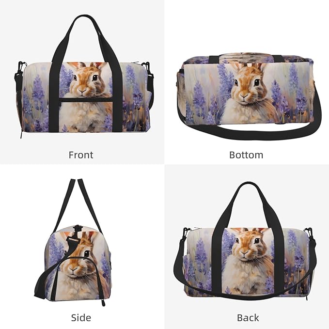 Sports Gym Bag Oil Painting Rabbit Purple Lavender Travel Duffel Bag With Shoe Compartment Shoulder Strap, Lightweight Water-Resistant Weekend Overnight Totes For Women Men