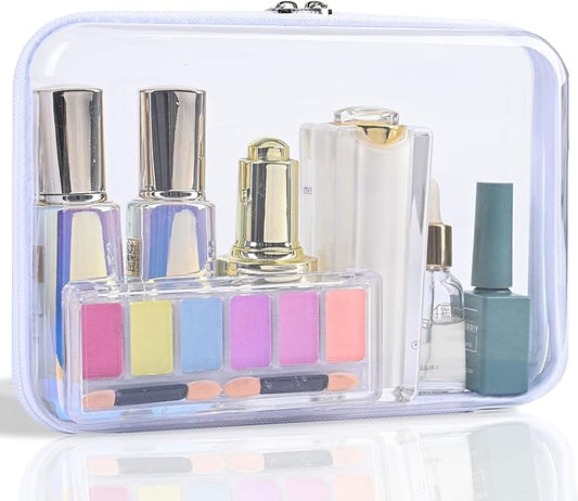Clear Hard Shell Zipper Case – Waterproof Makeup Organizer & Travel Toiletry Bag, Multi-Purpose Clear PVC Pouch for Cosmetics, Stationery, Diaper Bags, and Travel Essentials (M)