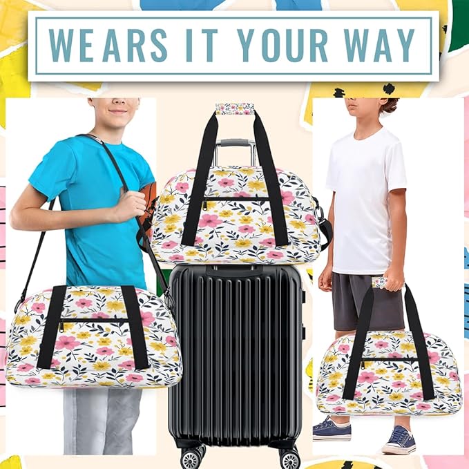 Gym Bag for Women Men, Pink Yellow Floral Travel Duffle Bags for Dance Ballet Overnight, Carry-On Weekender Bag with Detachable Shoulder Strap