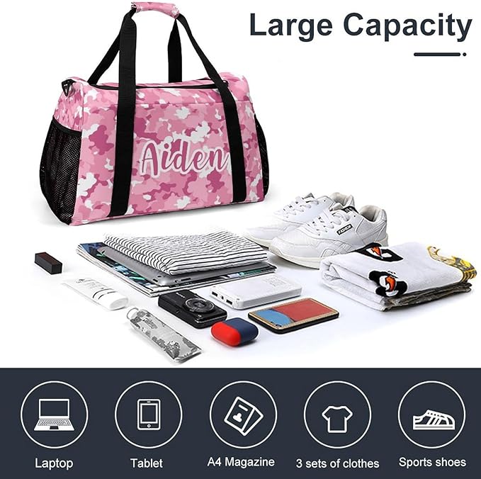 Personalized Name Travel Bag Sports Player Duffel Bags Camouflage Pink White Camo Perform Training Bag for Men Women Adjustable Shoulder Strap
