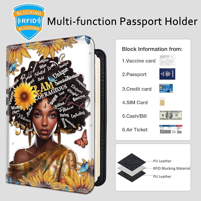 Passport Holder Women Wallet with Luggage Tag, Leather Passport Cover with RFID Blocking, Travel Accessories Multi Card Slot Passport Case for Men，African American Women Sunflower Butterfly