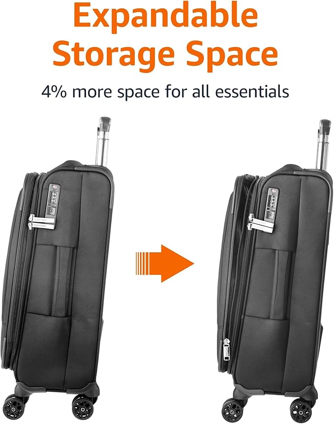 Amazon Basics 17" Carry-On Softside Luggage Suitcase with TSA Lock, 8 Spinner Wheels, Front Exterior Pocket, 3 Interior Pockets, Sturdy Telescoping Handle, Black