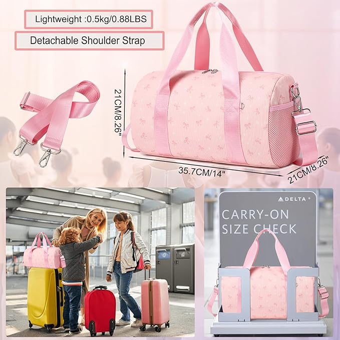 Dance Ballet Bag for Girls Small Duffle Ballerina Bags with Waterproof Dry Wet Separated Compartment Corduroy Bow Dance Bag for Girls 4-6 Pink