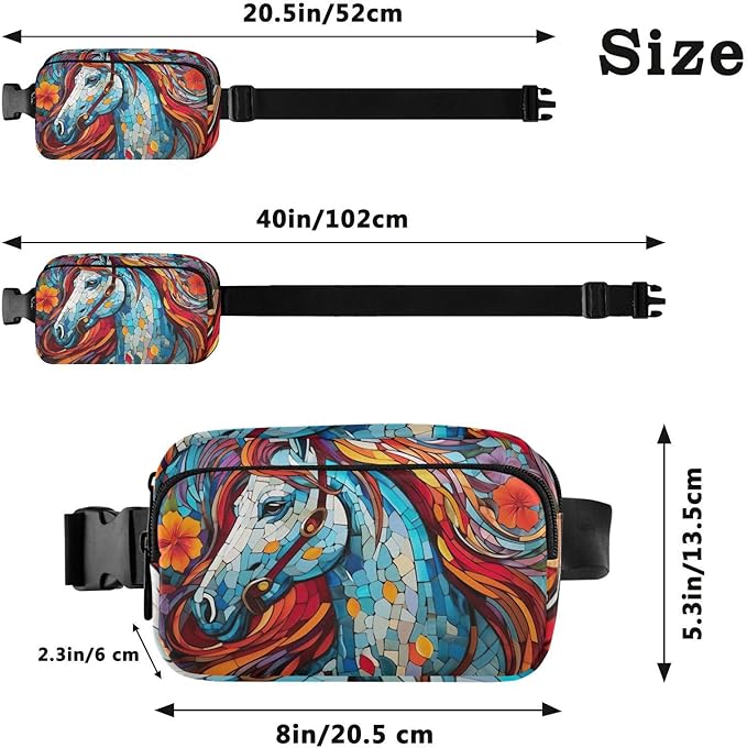 Mosaic Style Colorful Horse Fanny Pack for Women Men Water Resistant Fashion Waist Packs with Adjustable Strap Belt Bag for Travel Workout Jogging Hiking 21219650