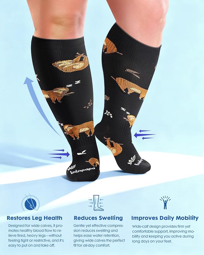 Wide Calf Compression Socks for Women - 3-Pair Plus Size 20-30mmHg Ankle Support Easy on off Socks for Travel Nurse