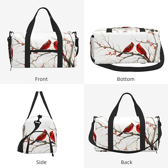 Sports Gym Bag Red Birds Art Painting Travel Duffel Bag With Shoe Compartment Shoulder Strap, Lightweight Water-Resistant Weekend Overnight Totes For Women Men