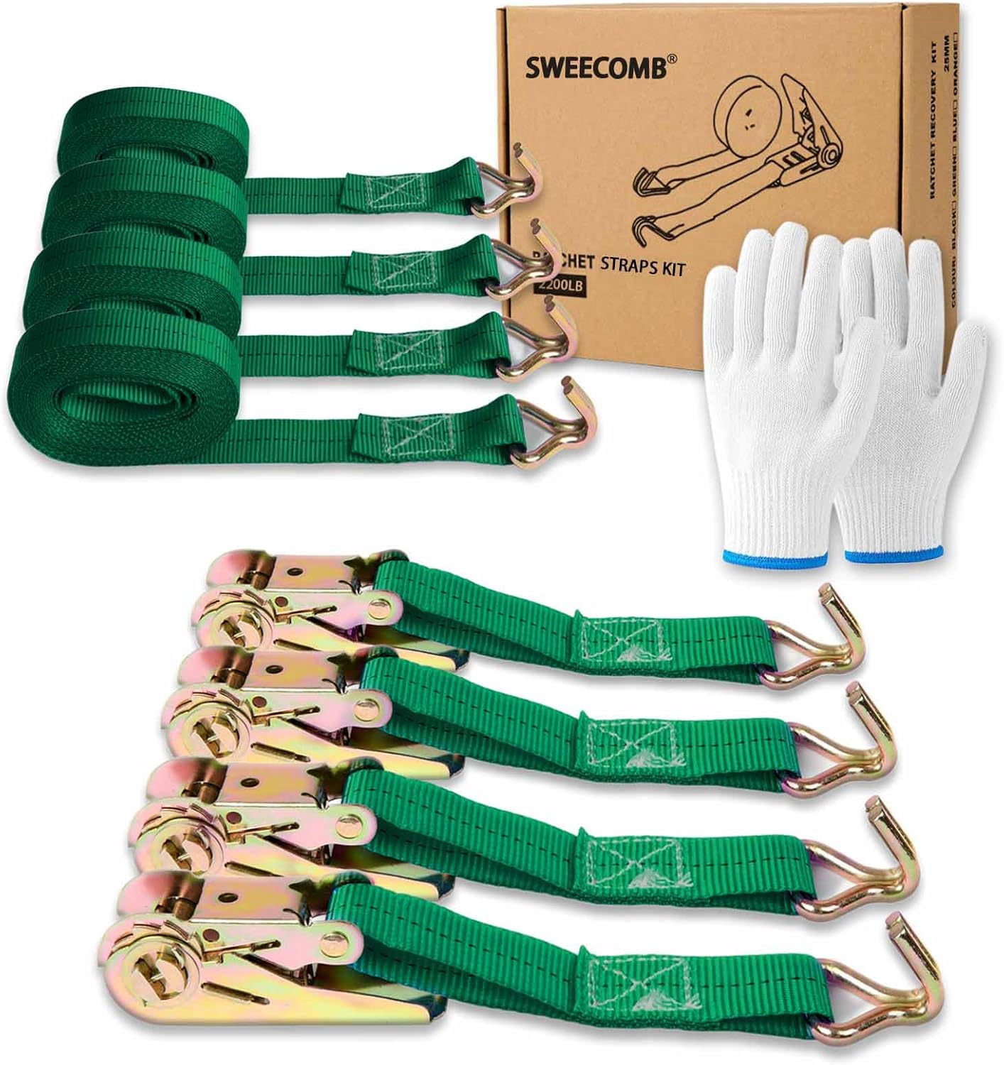 Ratchet Straps (4-Pack), 1 Inch x 16.4 Feet (2200lb Break Strength) with Sturdy Metal Hooks, 1x Work Gloves, Heavy Duty Tie Down Straps for Truck, Cargo Trailer, Motorcycle, Luggage, Moving (Green)