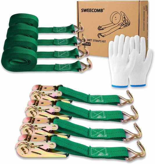Ratchet Straps (4-Pack), 1 Inch x 16.4 Feet (2200lb Break Strength) with Sturdy Metal Hooks, 1x Work Gloves, Heavy Duty Tie Down Straps for Truck, Cargo Trailer, Motorcycle, Luggage, Moving (Green)