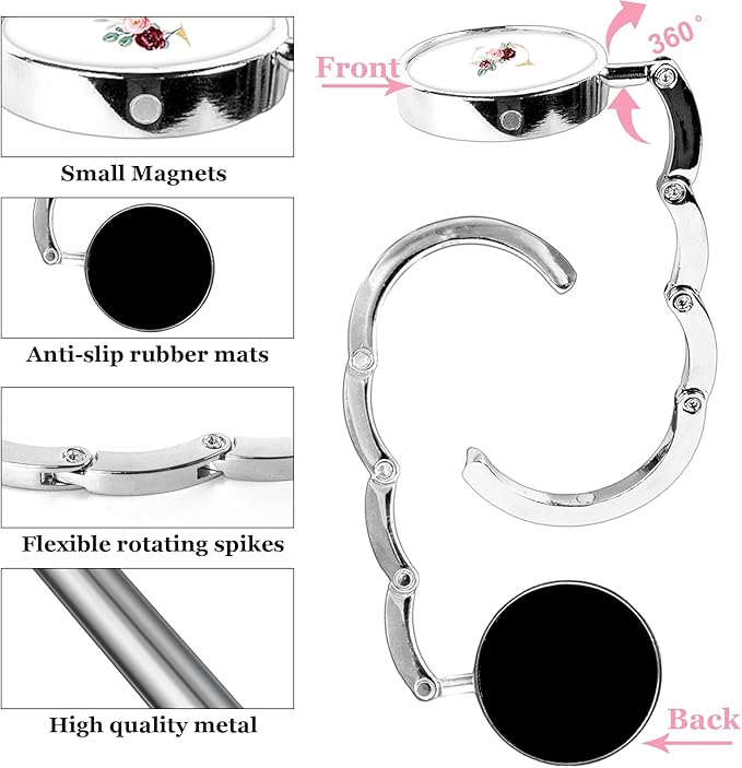 XSUIOY 3Pcs Personalized Initial Foldable Purse Hook for Table,Crushed Flower Letters Folding Purse Hanger,Purse Holder Handbag Hanger Collection Desk Table Bag Hooks Gifts for Women Bag(Pink-S)