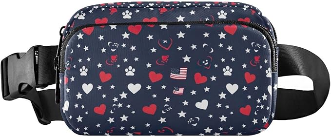 Kawaii American Flag Heart Dog Paw Fanny Pack for Women Men Water Resistant Fashion Waist Packs with Adjustable Strap Belt Bag for Travel Workout Jogging Hiking 21219380