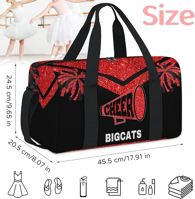 Personalized Sport Cheer Dance Bag Custom Red Glittering Cheerleader Pom Poms Duffle Gym Bag Customized Travel Overnight Tote with Name or Text