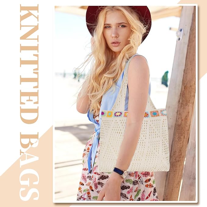 Sightor Crochet Tote Bag, Mesh Beach Bag Knit Summer Hobo Bag Vacation Boho Tote Bag for Women
