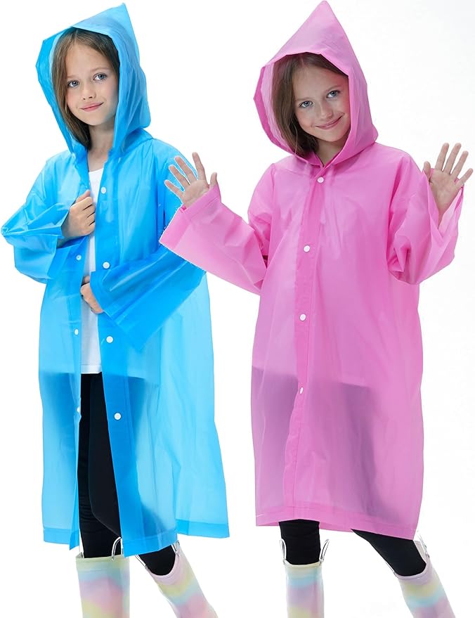 2 Pack Reusable Waterproof Raincoat EVA Emergency Rain Ponchos One Size Rain Jacket for Children, Boys and Girls