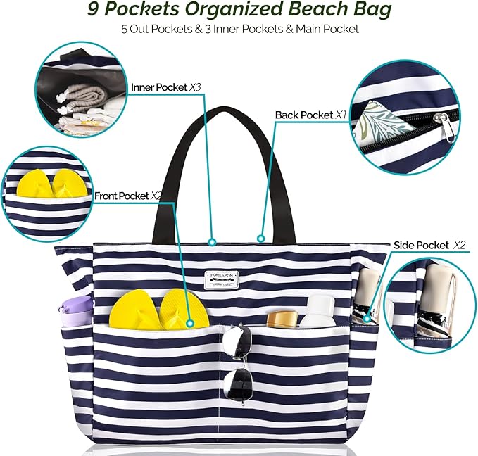 HOMESPON Large Waterproof Beach Bag for Women Sandproof Tote Bag Pool Bag with Zipper and Pockets for Travel Vacation Gym