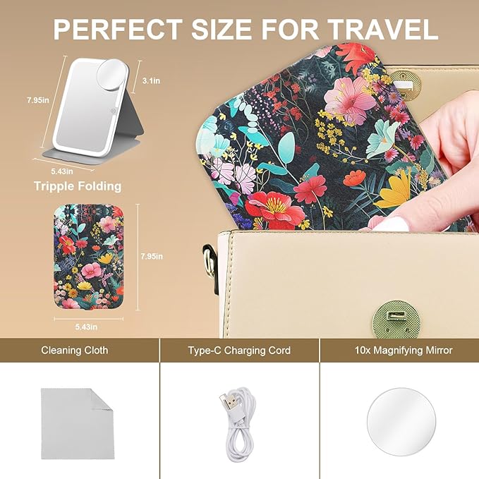 Mocado Travel Makeup Mirro with Lights, 360° Rotation Lighted Makeup Mirror, Portable Mirror with 10x Magnification, 3 Color Lightings, Dimmable Touch Screen, Tabletop Light up(Flower)