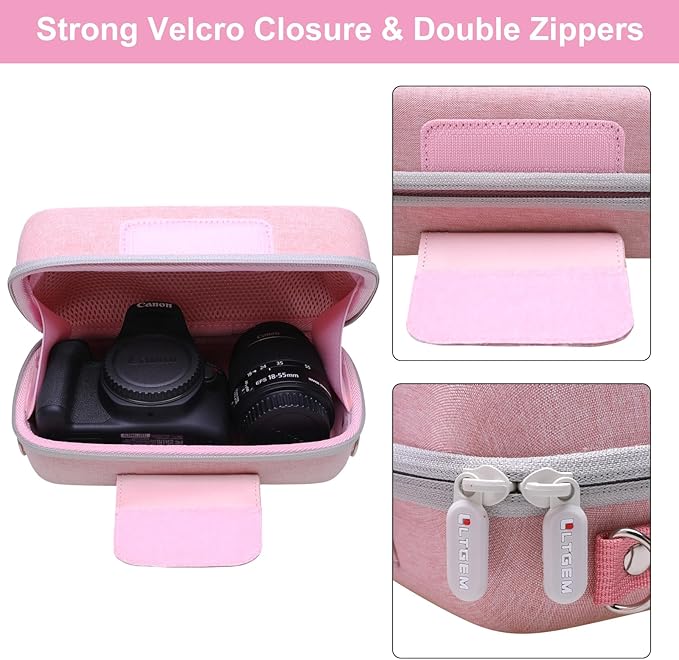 LTGEM Camera Case for Canon EOS Rebel T7 / R50 / R100 / R50 V / T6 / R8 / R10 / RP / SL3 / R5 / T100 DSLR SLR Camera and 18-55mm/18-45mm Lens with Shoulder Strap, Pink