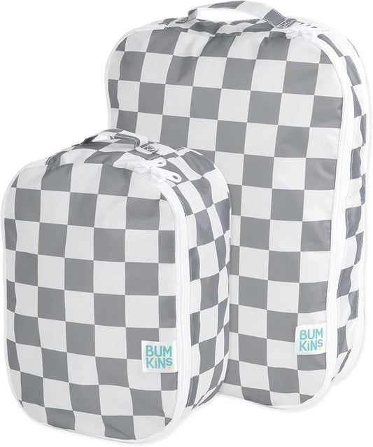 Bumkins Packing Cubes for Travel Bag, Organize Luggage with Compression Bags, Essential Traveling Accessories to Pack Carry On Suitcase, Must for Clothes or Toiletries, Set of 2 Sizes, Gray Check