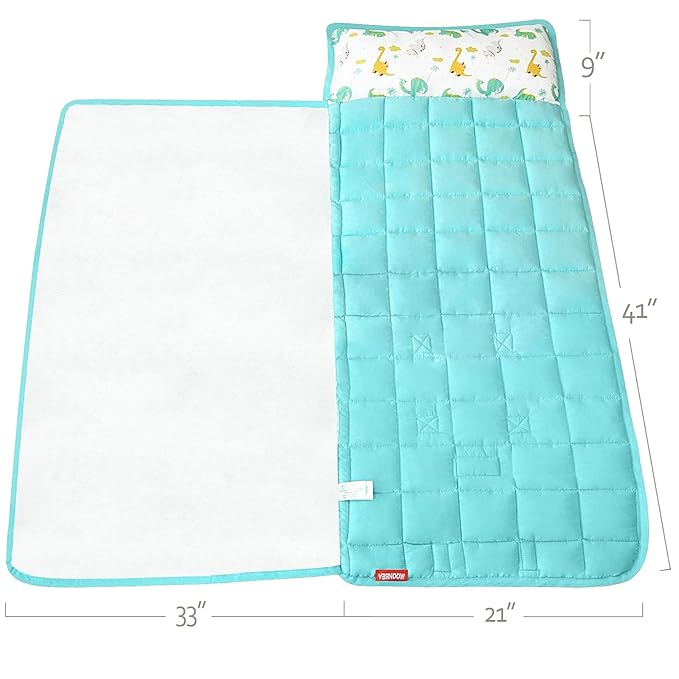 Moonsea Nap Mat with Pillow for Toddlers Dinosaur and Fleece Minky Blanket, Lightweight Perfect for Toddlers Preschool, Daycare, Travel Sleeping Bag Boys Girls, 21" x 50" Fit on a Standard Cot