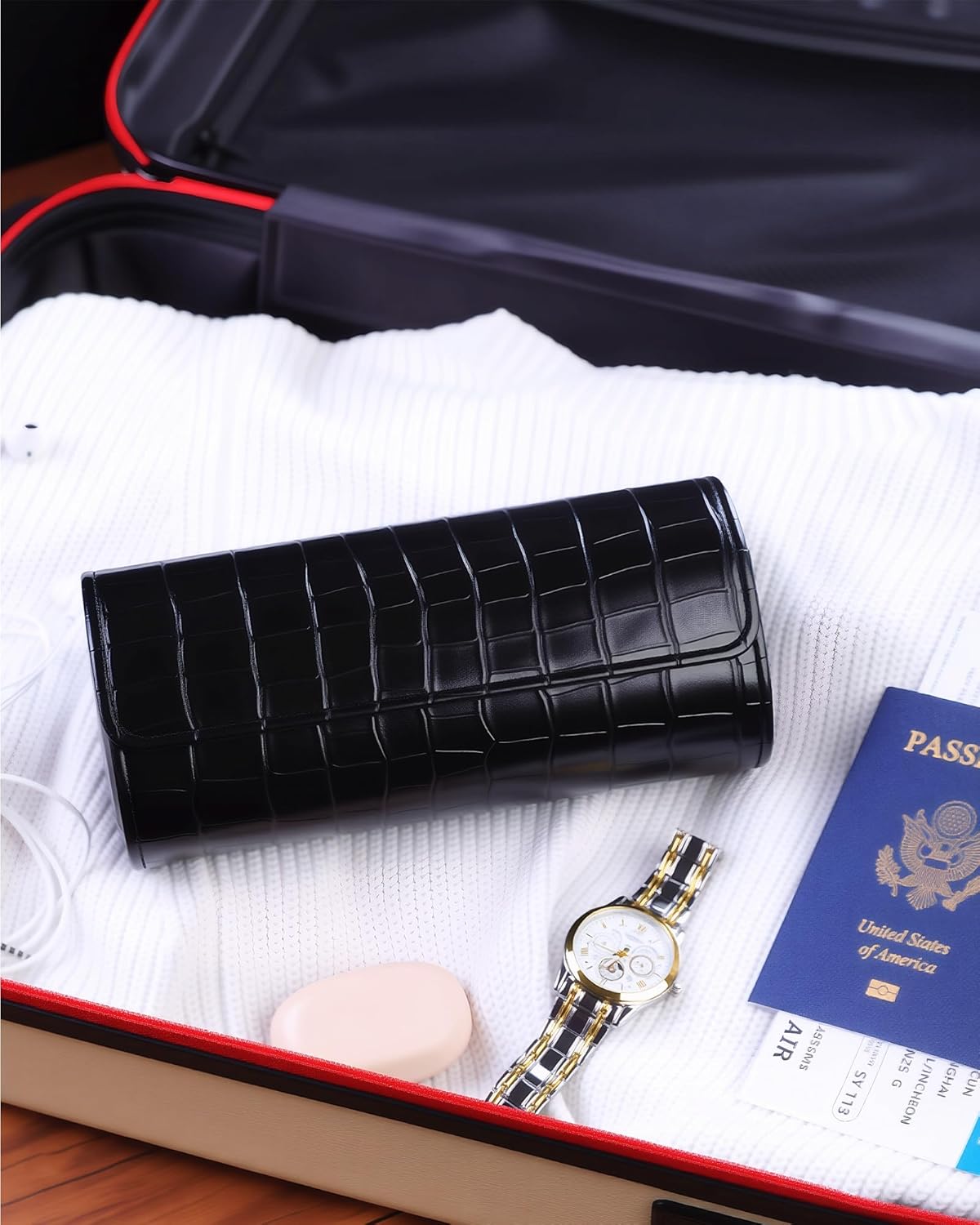 MR.OKAY 3 Watch Travel Case-Classic Leather Watch Case With Superb Texture. (Portable Watch Roll Or Organizer For Storage And Display).Festival Gift For Men, All Handcrafted By Artisans.