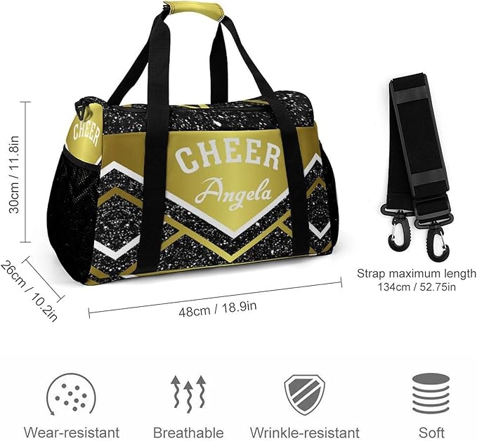 Travel Bag Golden Cheer Cheerleader Bling Print Customized Duffel Bags Weekender Overnight Bag Personalized Gift Adjustable Detachable Shoulder Strap Packs