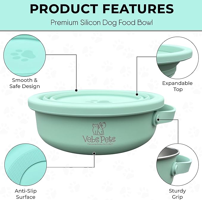 Vebs Pets- Stainless Steel Dog Bowl 30 oz, W/Collapsible Bowl Lid 20 oz W/Handle, Leak Proof, Non Slip, for Food & Water for Dogs & Cats, Medium Dogs, Portable Travel Dog (Jade)