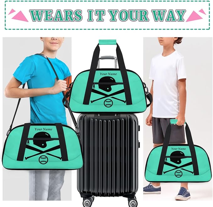Custom Name Baseball Theme Boys Gym Travel Duffle Bag with Front Zipper Pocket Personalized Sports Bag for Overnight, Weekender, Carry On,18.9 * 8.7 * 10.6 in