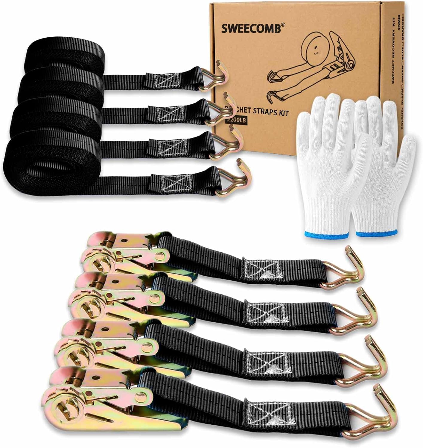 Black Ratchet Straps (4-Pack), 1 Inch x 16.4 Feet (2200lb Break Strength) with Sturdy Metal Hooks, 1x Work Gloves, Heavy Duty Tie Down Straps for Truck, Cargo Trailer, Motorcycle, Luggage, Moving