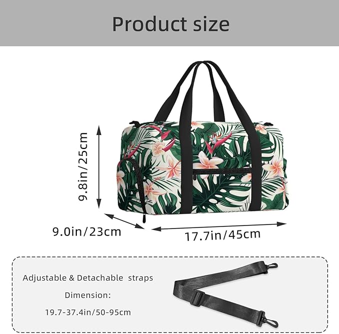Sports Gym Bag Tropical Leaves Flowers Spring Travel Duffel Bag With Shoe Compartment Shoulder Strap, Lightweight Water-Resistant Weekend Overnight Totes For Women Men