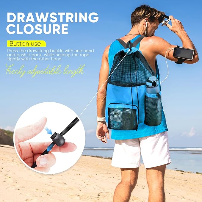 Swim Mesh Beach Bag, Waterproof Gym Bags for Women and Men, Large Pool Bag Swimming Gear Drawstring Backpack