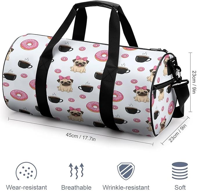 Weekender Carry on Beach Yoga Overnight Luggage Bag Gym Sports Travel Workout Bag Overnight Bags (Funny Dogs Pug Puppies Pattern Donut Coffee)