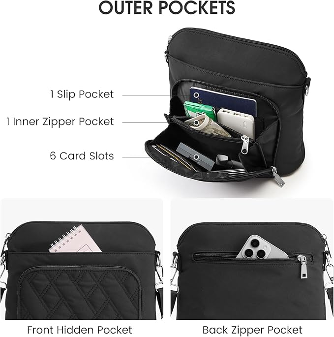 G4Free Anti-Theft Crossbody Bags for Women, Lightweight Nylon Shoulder Purse Medium Handbags for Travel Work-Black