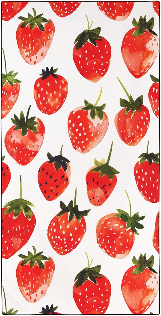 Strawberries Pattern Beach Towel Extra Large 36" x 72", Thin Lightweight Microfiber Towels with Fruit Design, Sand Free and Quick Dry, Compact Bag