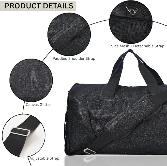 NGIL Glitter Cheers Sports Gym Duffel with Shoe Compartment and Small Carry on Travel Tote Bags for Women, Gym bag, Overnight bags for Women, Cheer Bag (Glitter-Black)