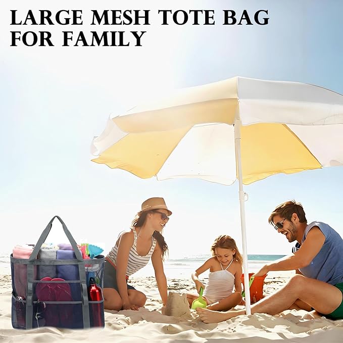 Mesh Beach Bag, Large Beach Tote with Zipper Pocket, Toys Pool Bag for Family Travel Vacation Cruise Essentials