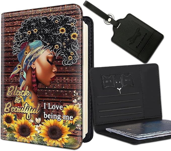Passport Holder Women Wallet with Luggage Tag, Leather Passport Cover with RFID Blocking, Travel Accessories Multi Card Slot Passport Case for Men，African American Girl Sunflower
