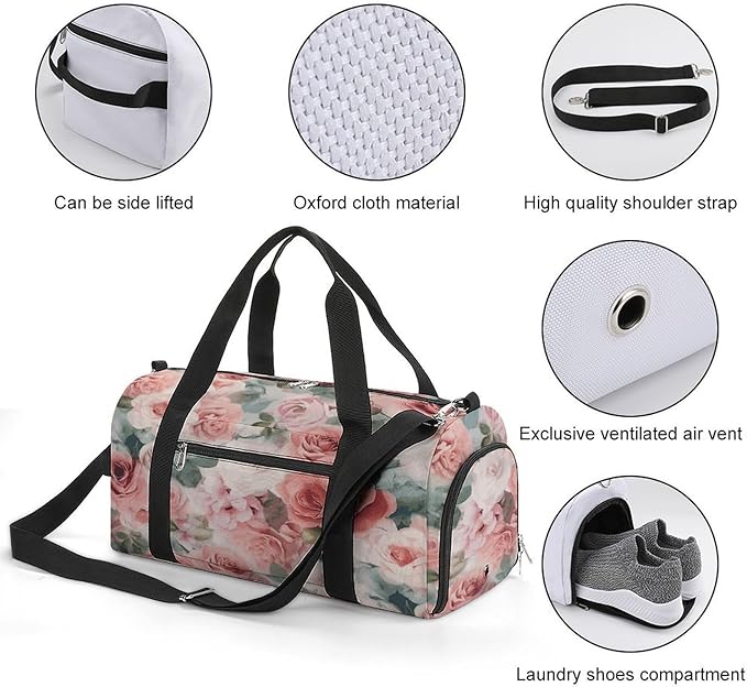 Soft Color Pale Faded Mix of Roses Gym Bag Lightweight ，Travel Duffle Bag with Shoe Compartment，Gym Bag for Women for Overnight, Weekend, Yoga, Gym, Business Trips, Sport And Hospital.